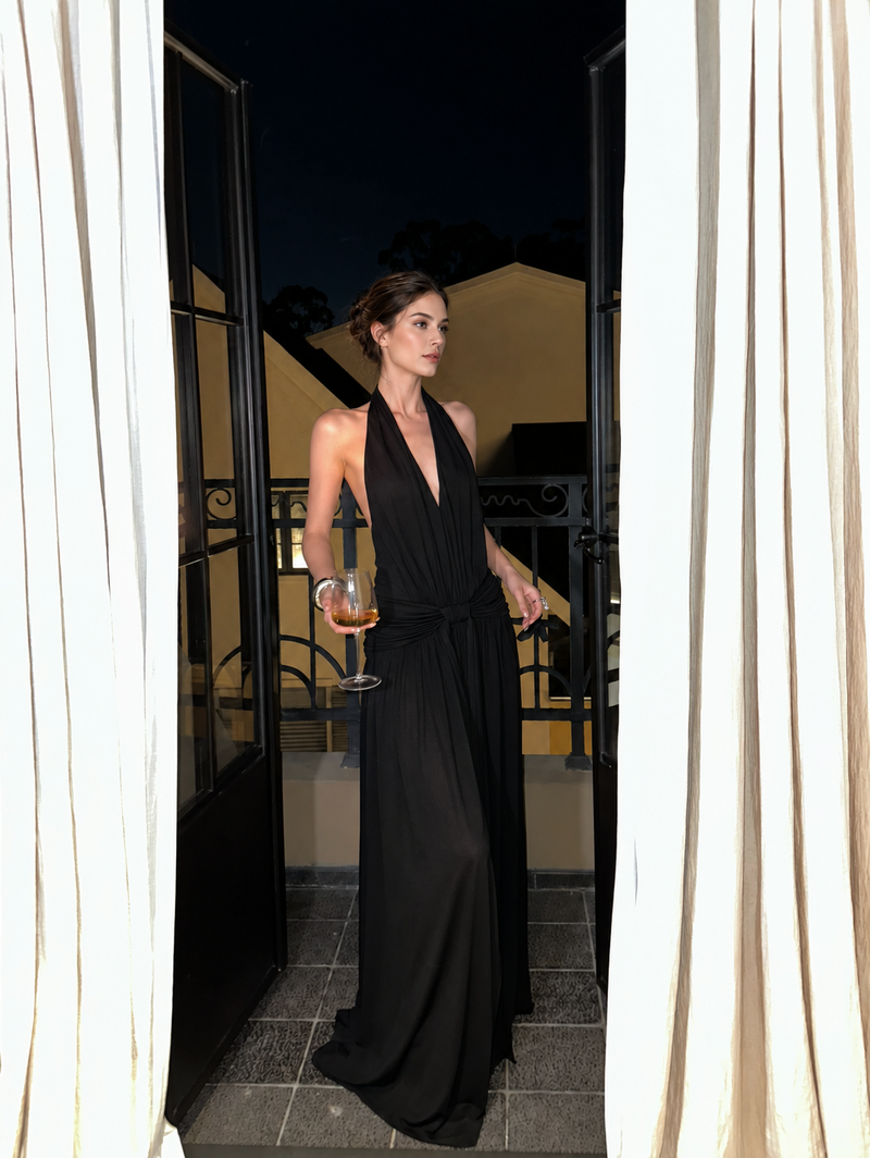 Open-Back Halter Maxi Dress with Ruched Waist - Black