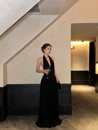 Open-Back Halter Maxi Dress with Ruched Waist - Black