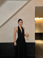 Black Plunging Halter Evening Maxi Dress - Black