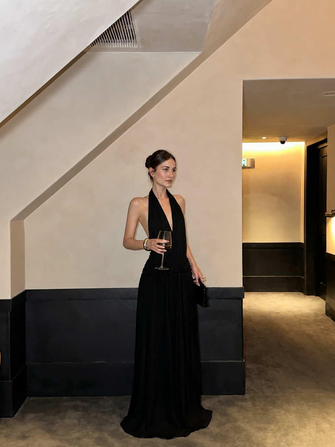 Black Plunging Halter Evening Maxi Dress - Black