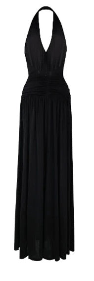 Black Plunging Halter Evening Maxi Dress - garment detail