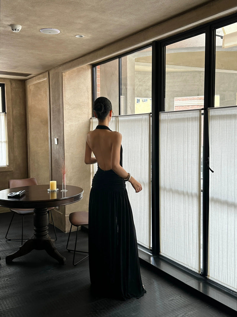 Black Plunging Halter Evening Maxi Dress - garment detail
