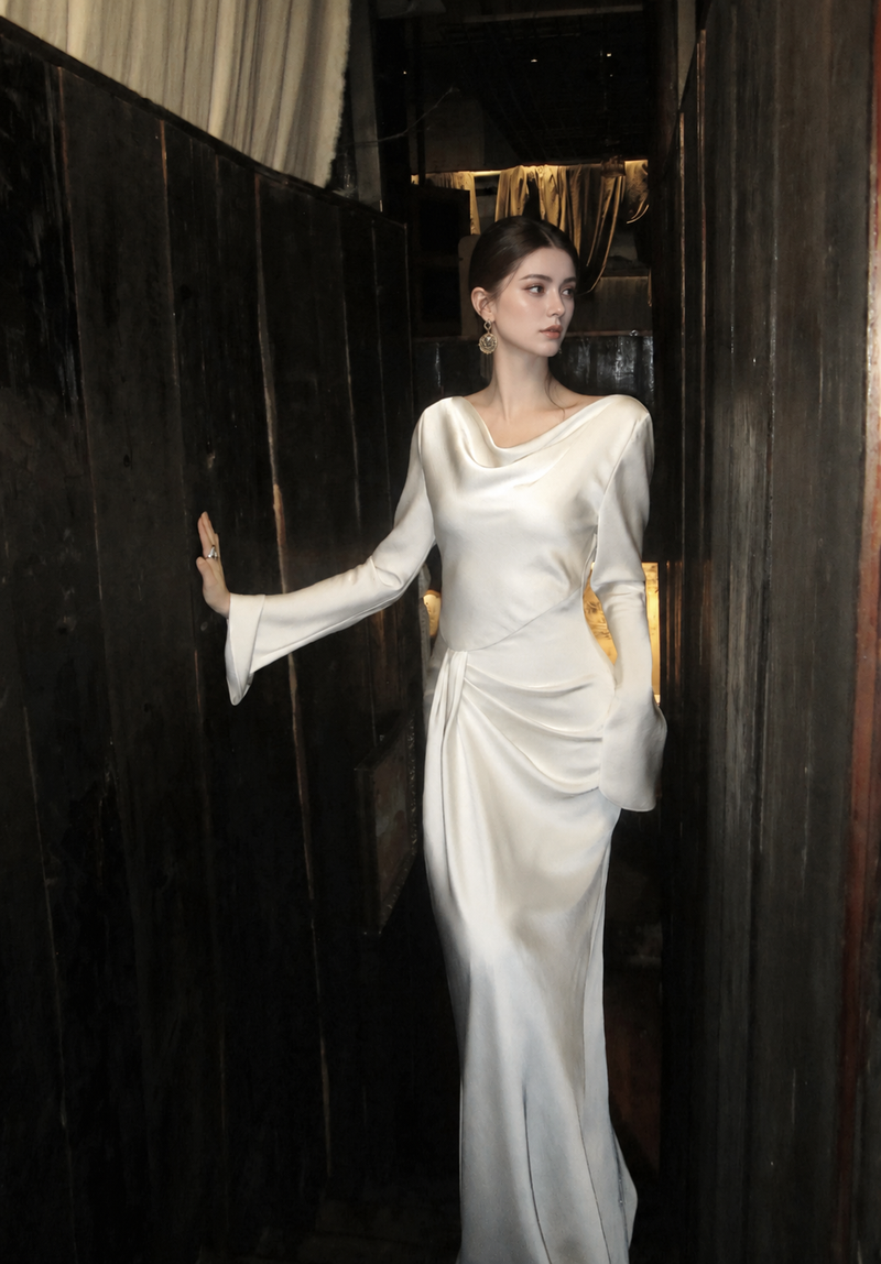 Cowl-Neck Bell-Sleeve Satin Maxi Dress - Ivory