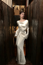 Cowl-Neck Bell-Sleeve Satin Maxi Dress - Ivory