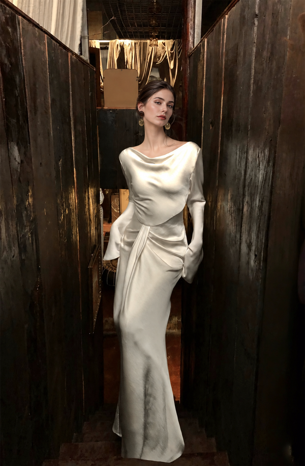 Cowl-Neck Bell-Sleeve Satin Maxi Dress - Ivory