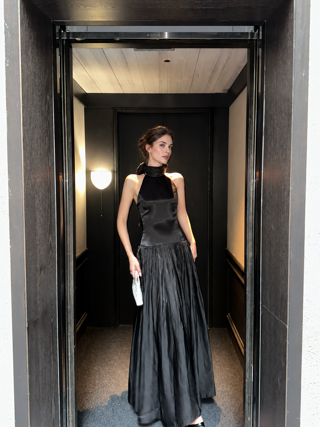 Scarf-Neck Pleated Satin Maxi Dress - Black