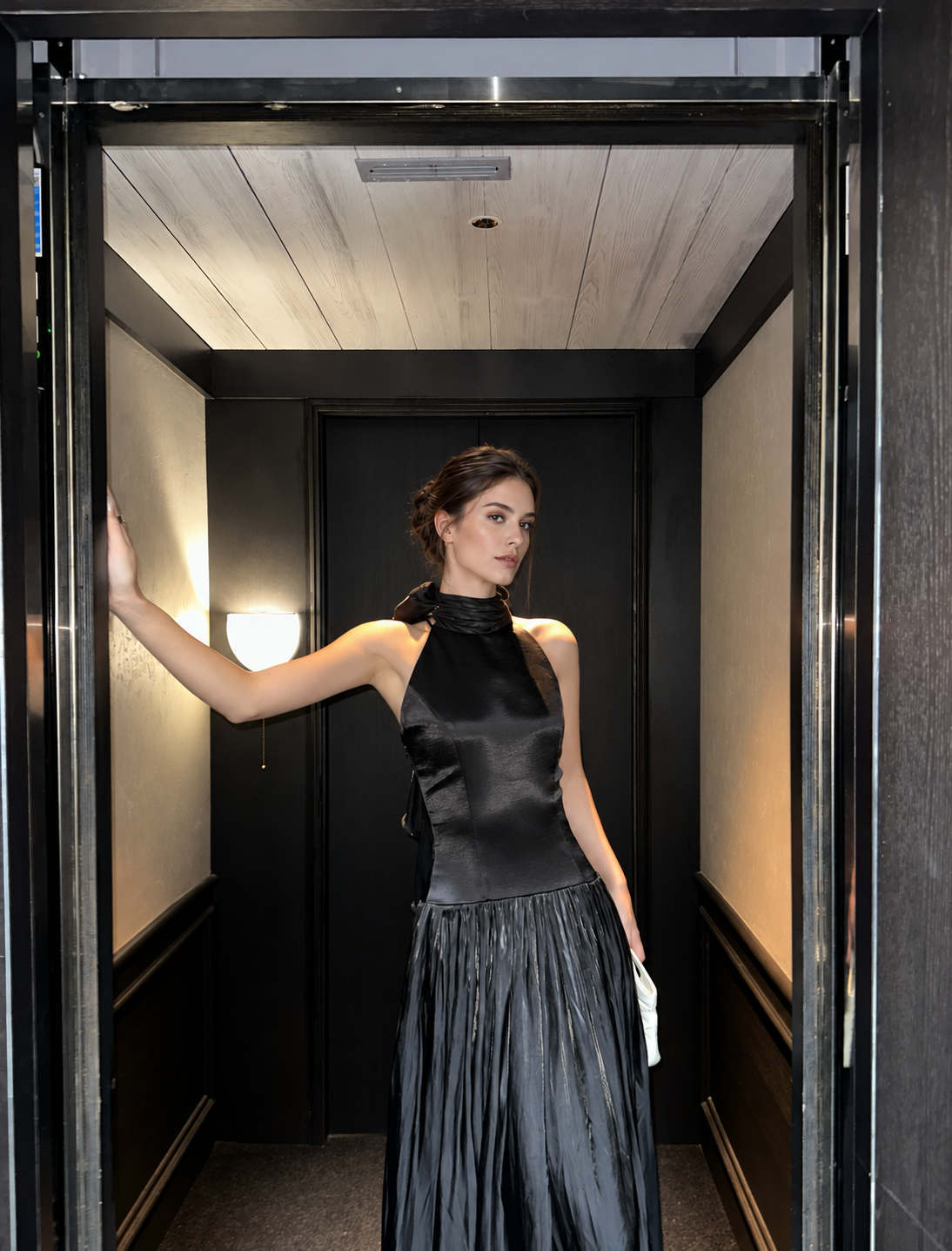 Scarf-Neck Pleated Satin Maxi Dress - Black