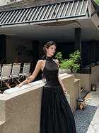 Scarf-Neck Pleated Satin Maxi Dress - Black