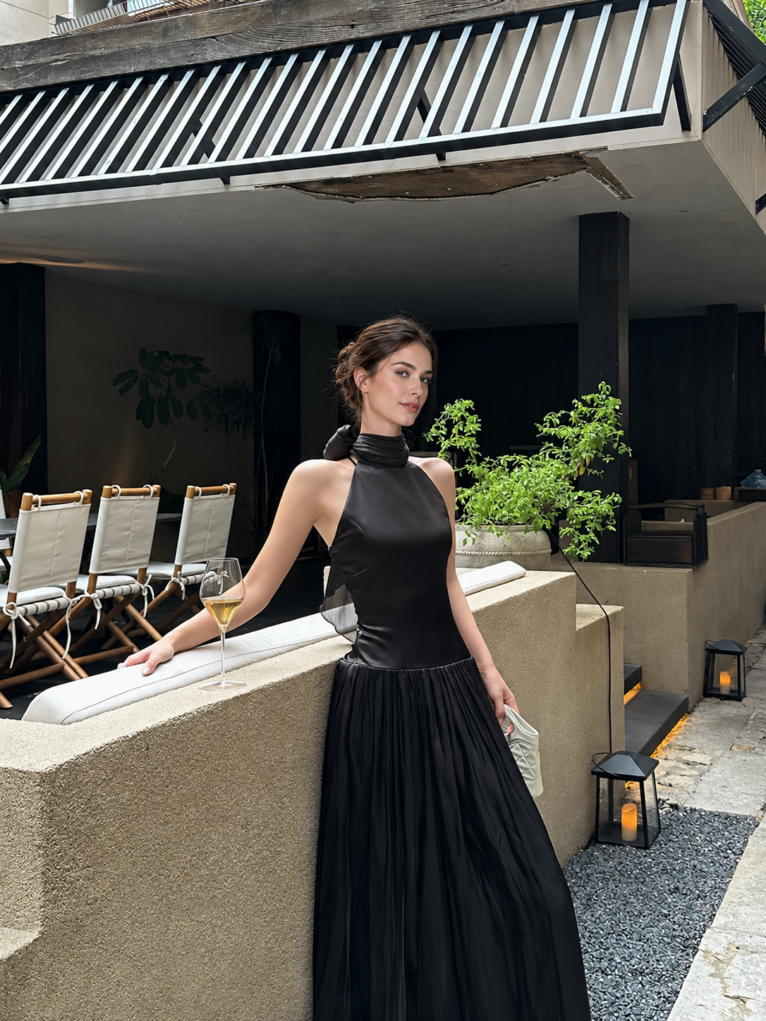 Scarf-Neck Pleated Satin Maxi Dress - Black