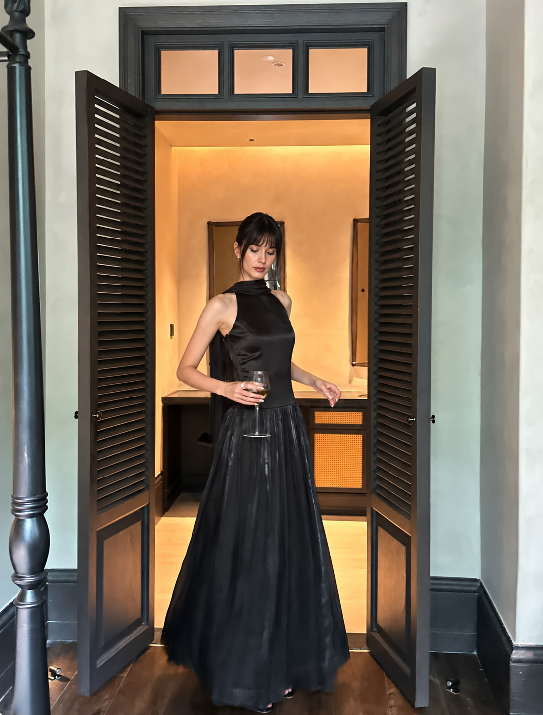 Satin Scarf-Halter Pleated Evening Maxi Dress - Black