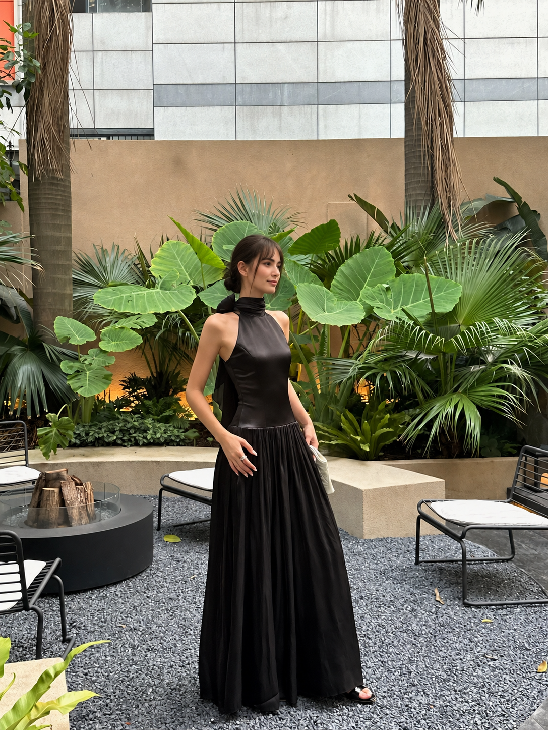 Satin Scarf-Halter Pleated Evening Maxi Dress - Black