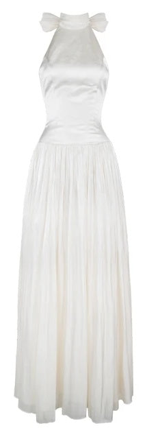 Satin Scarf-Halter Pleated Evening Maxi Dress - garment detail
