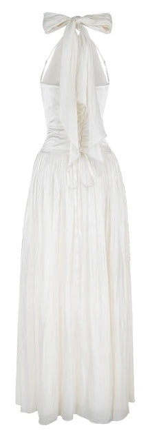 Satin Scarf-Halter Pleated Evening Maxi Dress - garment detail