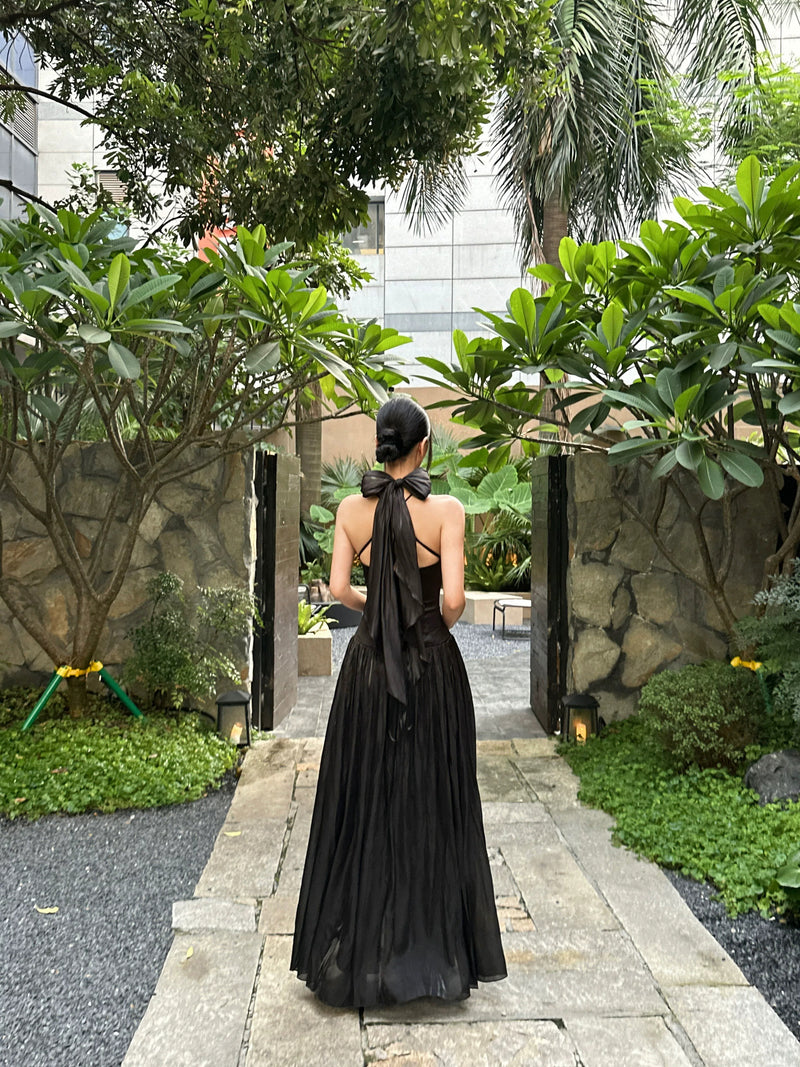 Satin Scarf-Halter Pleated Evening Maxi Dress - garment detail