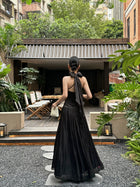 Satin Scarf-Halter Pleated Evening Maxi Dress - garment detail