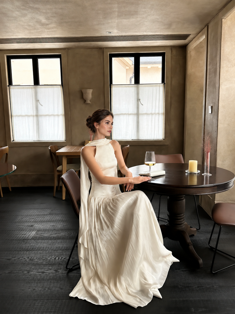 Scarf-Neck Pleated Satin Maxi Dress - Ivory