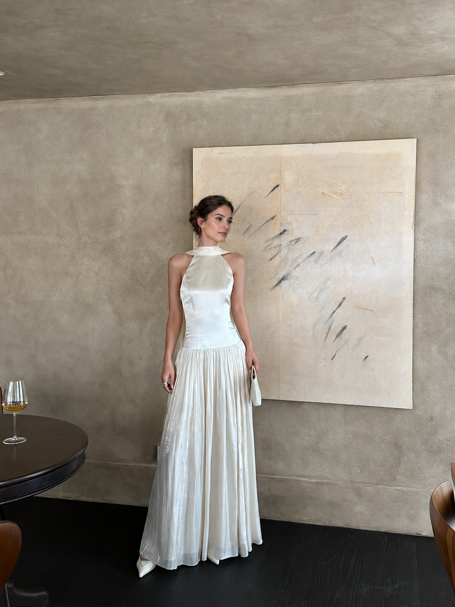 Scarf-Neck Pleated Satin Maxi Dress