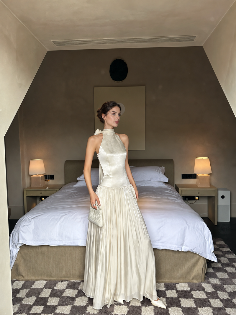 Scarf-Neck Pleated Satin Maxi Dress - Ivory