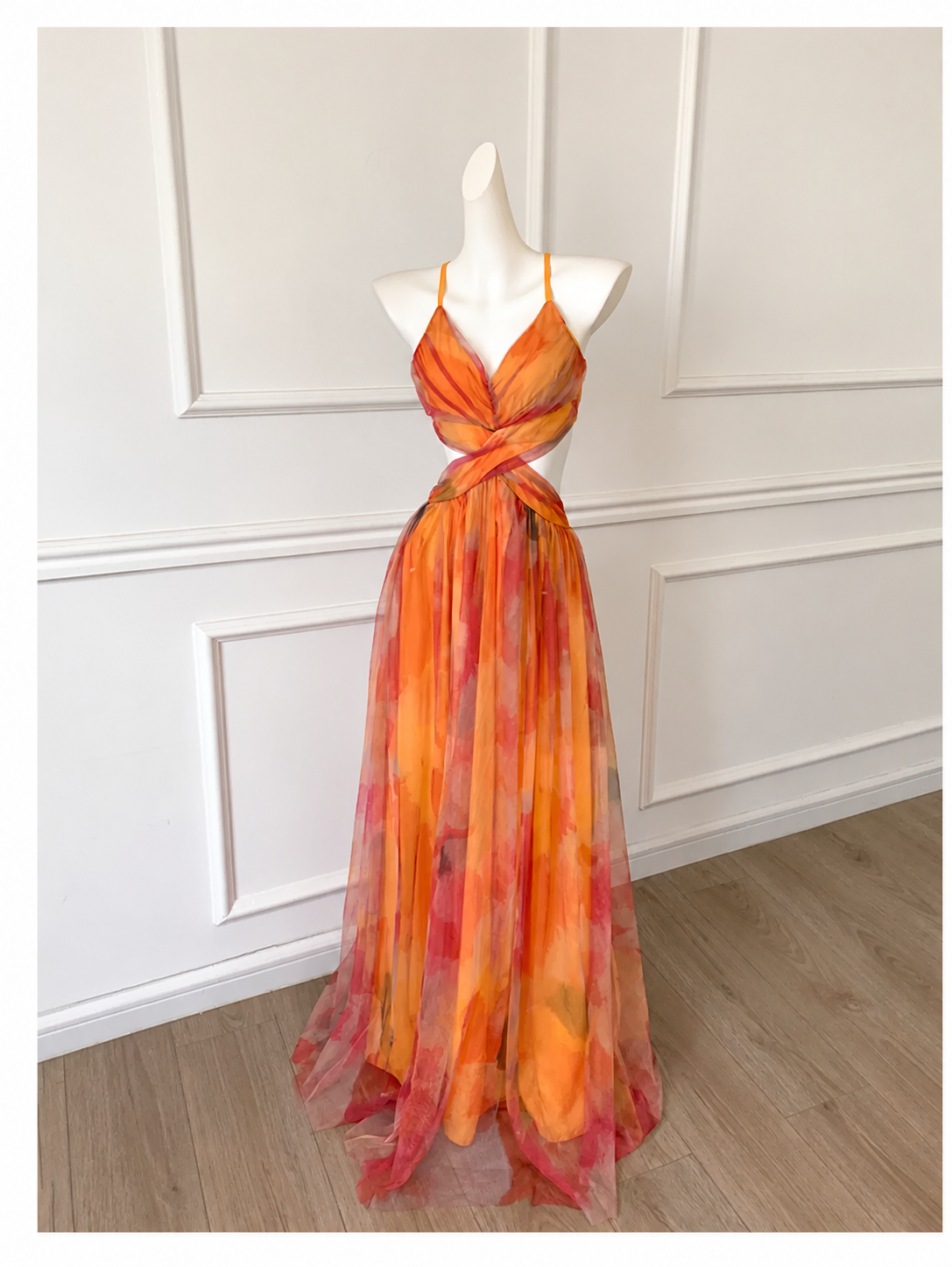 Orange Watercolor Print Strappy Party Maxi Dress - garment detail