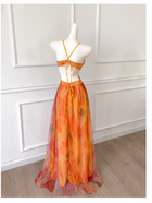 Orange Watercolor Print Strappy Party Maxi Dress - garment detail