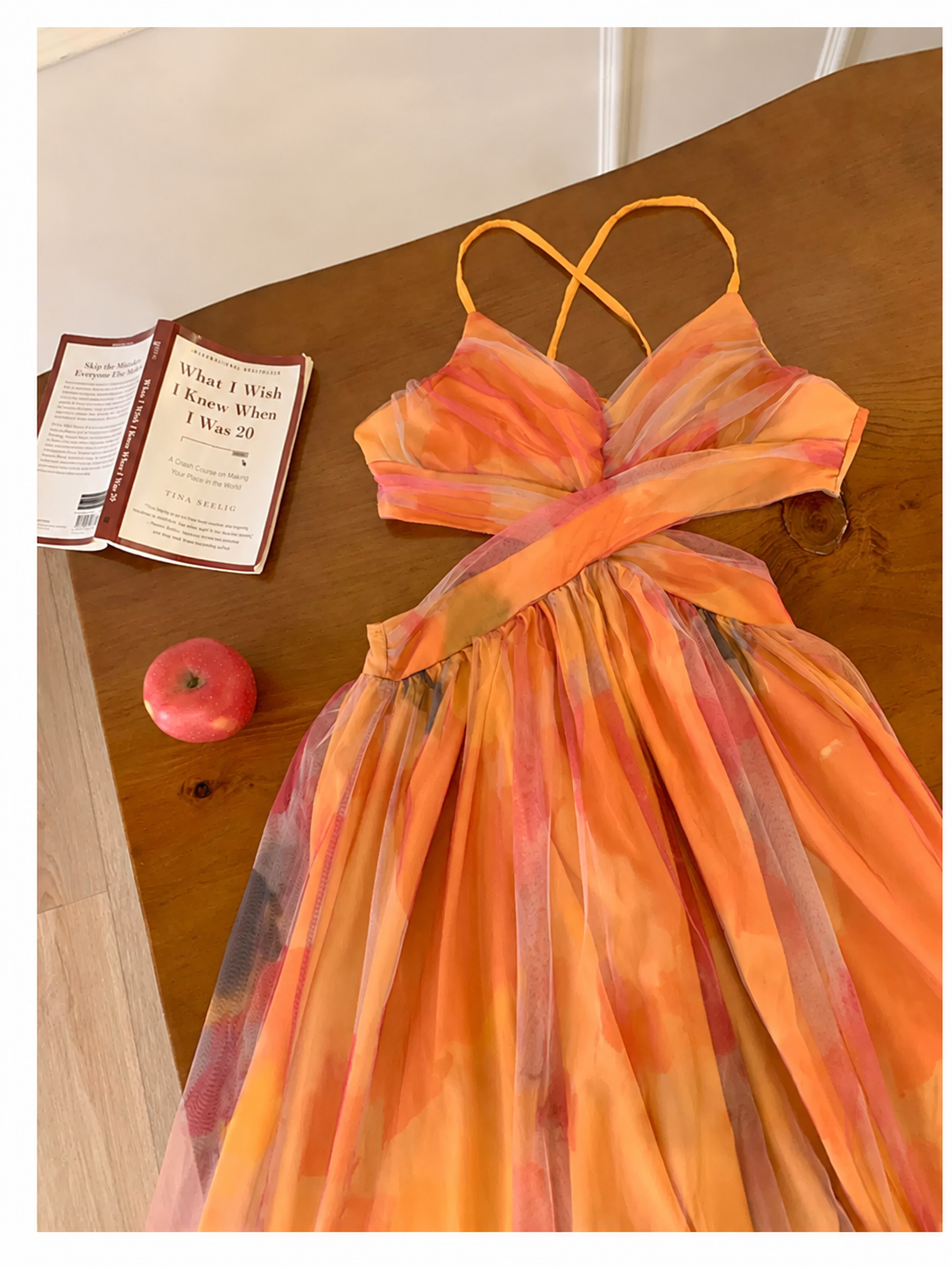 Orange Watercolor Print Strappy Party Maxi Dress - garment detail