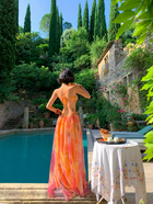 Orange Watercolor Print Strappy Party Maxi Dress - garment detail
