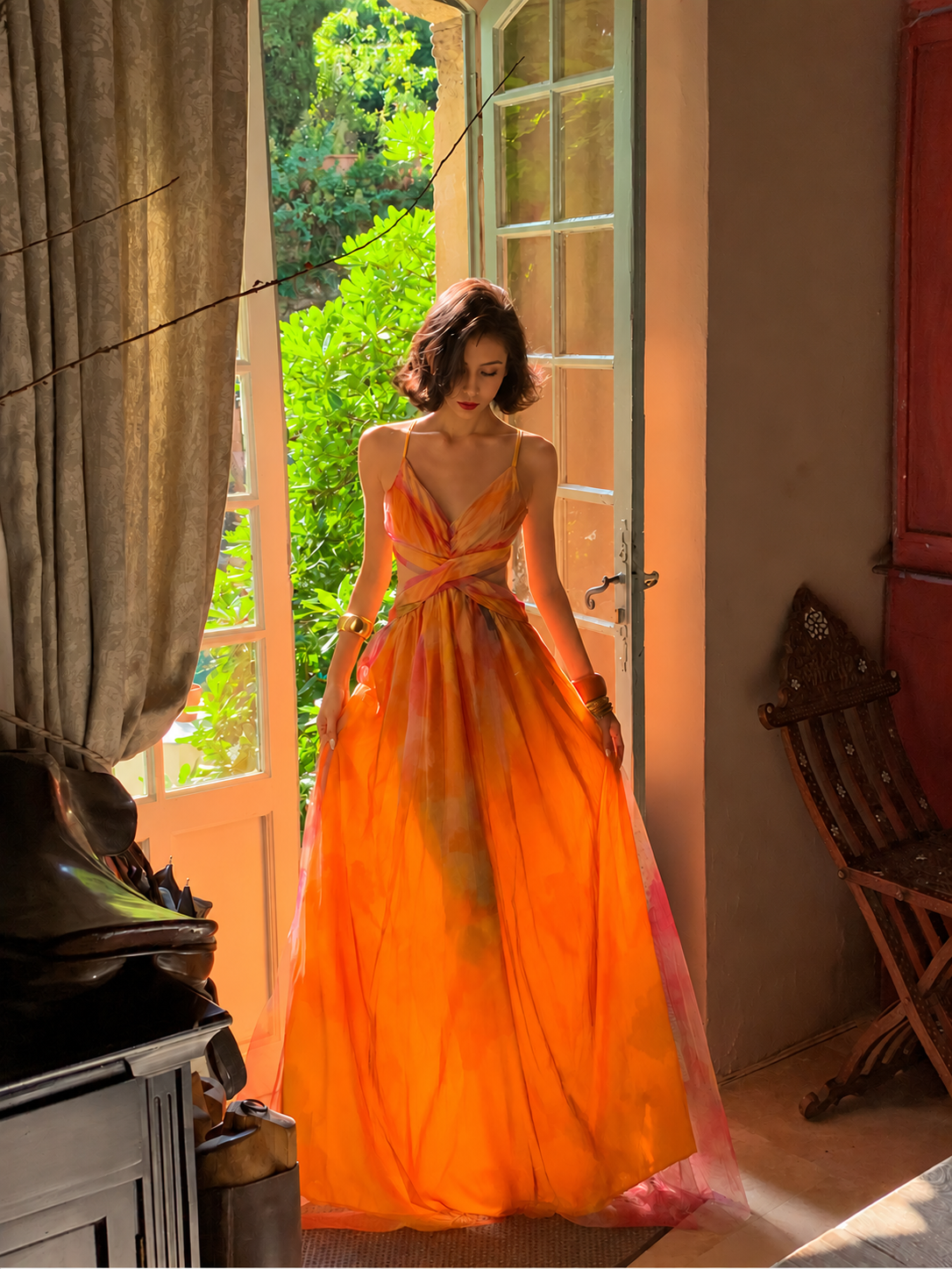 Orange Watercolor Print Strappy Party Maxi Dress - Orange Watercolor Print