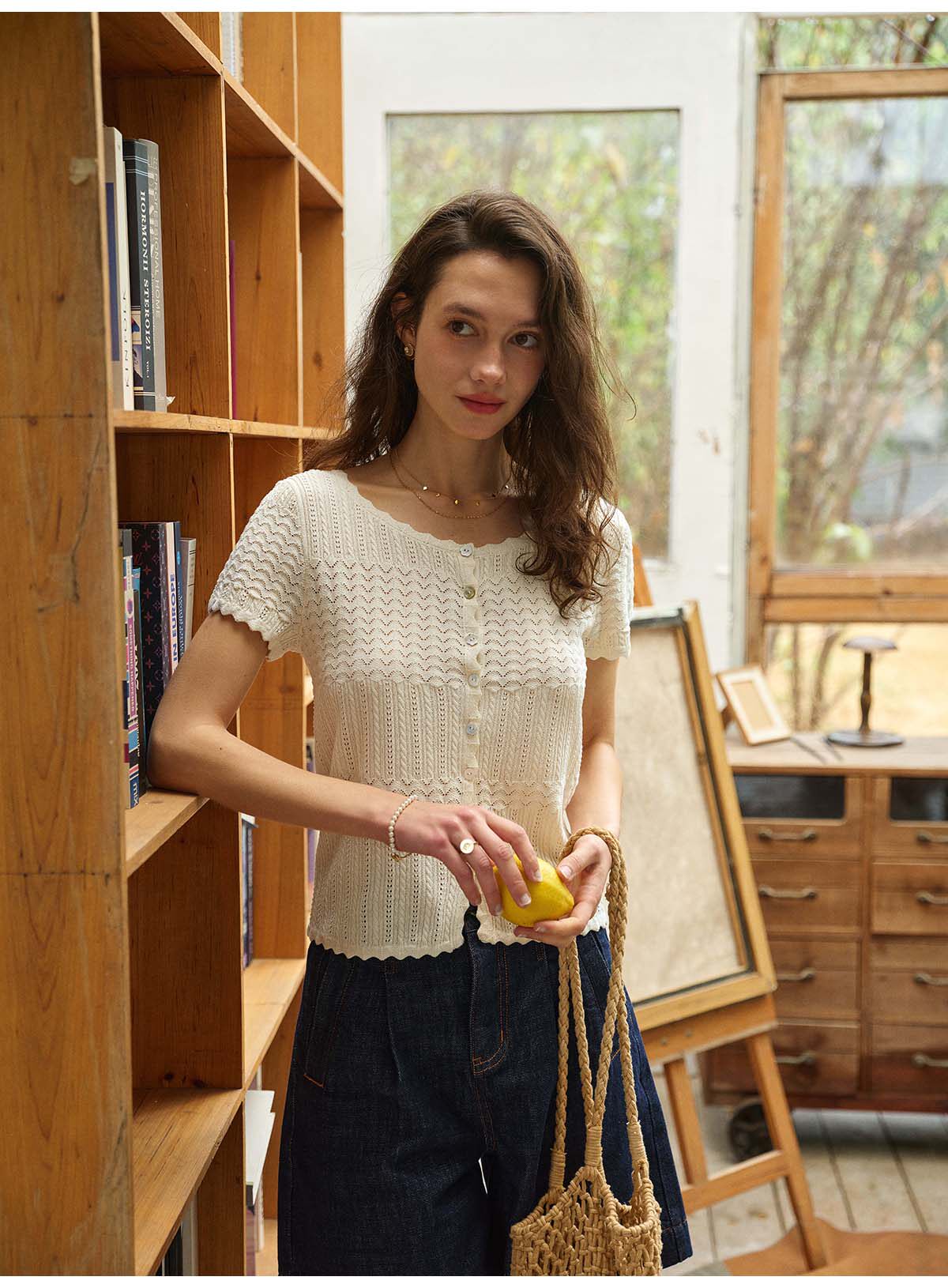 French Style Hollow Knit Short Sleeve Cardigan, Linen-Look Breathable Top, 2 Colors