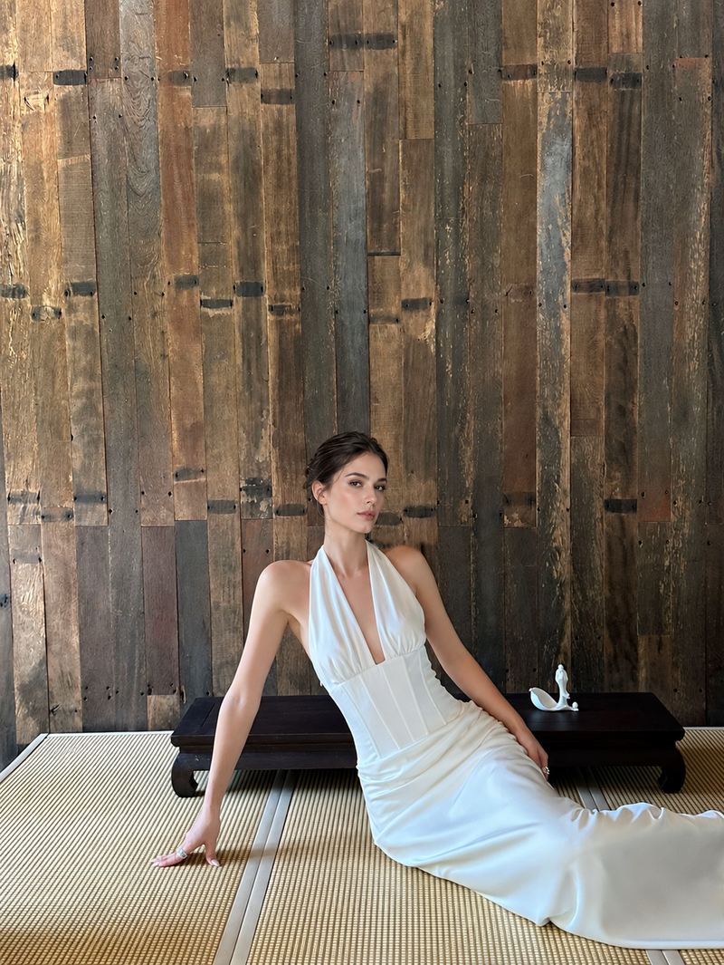 White Ruched Halter Corset Maxi Dress - White