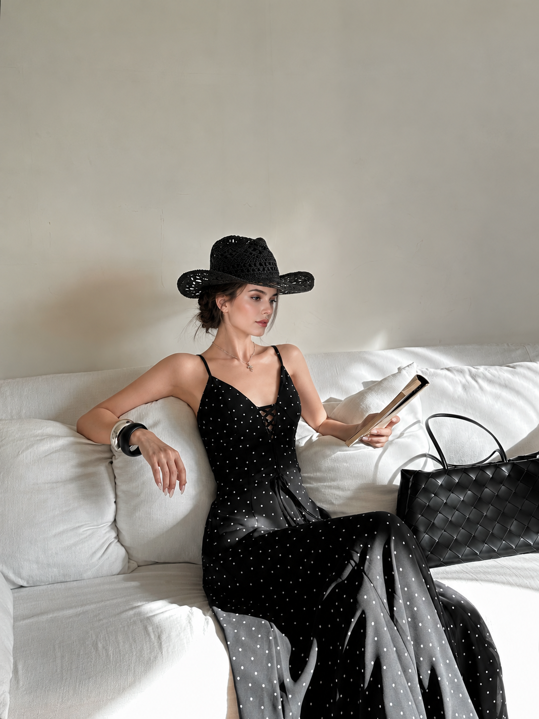 Black Polka Dot Lace Up Maxi Dress - Black