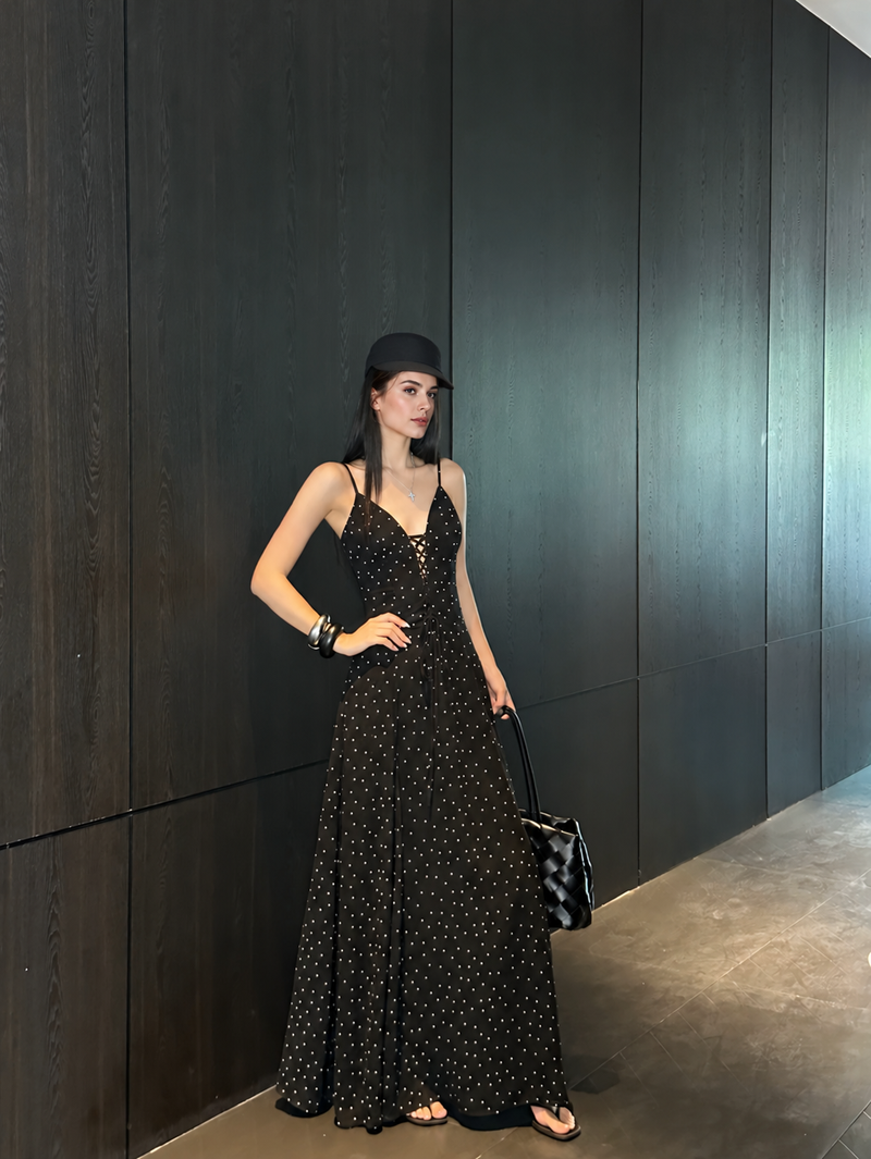 Black Polka Dot Lace Up Maxi Dress - Black