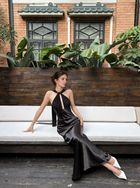 Keyhole Scarf Halter Satin Maxi Dress - Black