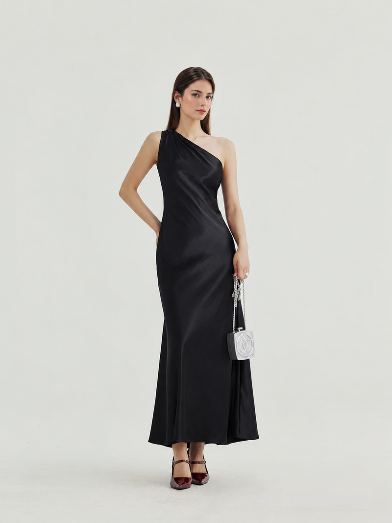 Asymmetric One-Shoulder Satin Maxi Dress - Black