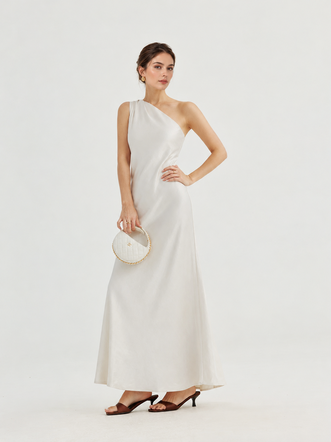 Asymmetric One-Shoulder Satin Maxi Dress - White