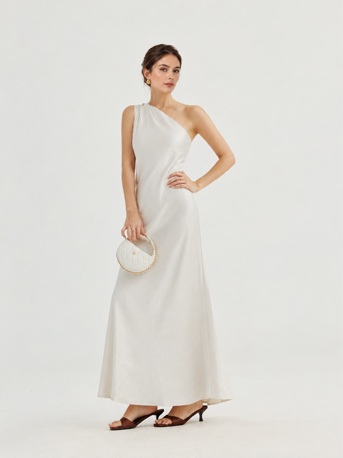 Asymmetric One-Shoulder Satin Maxi Dress - White