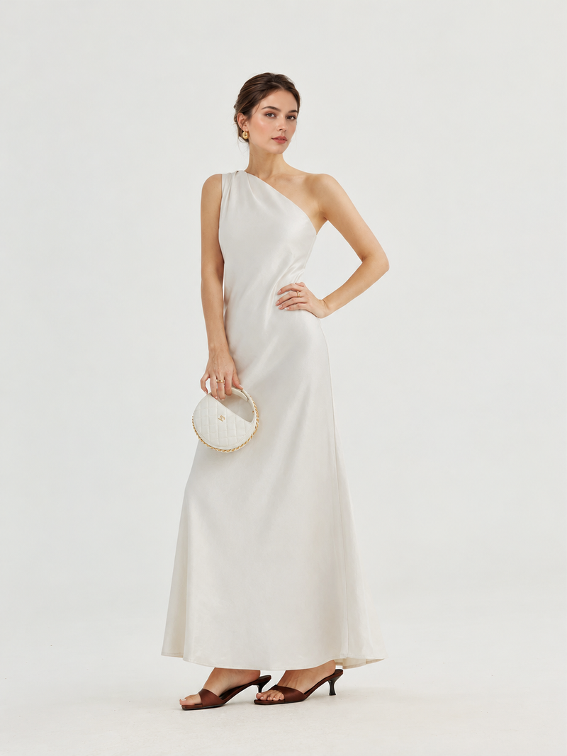 Asymmetric One-Shoulder Satin Maxi Dress - White
