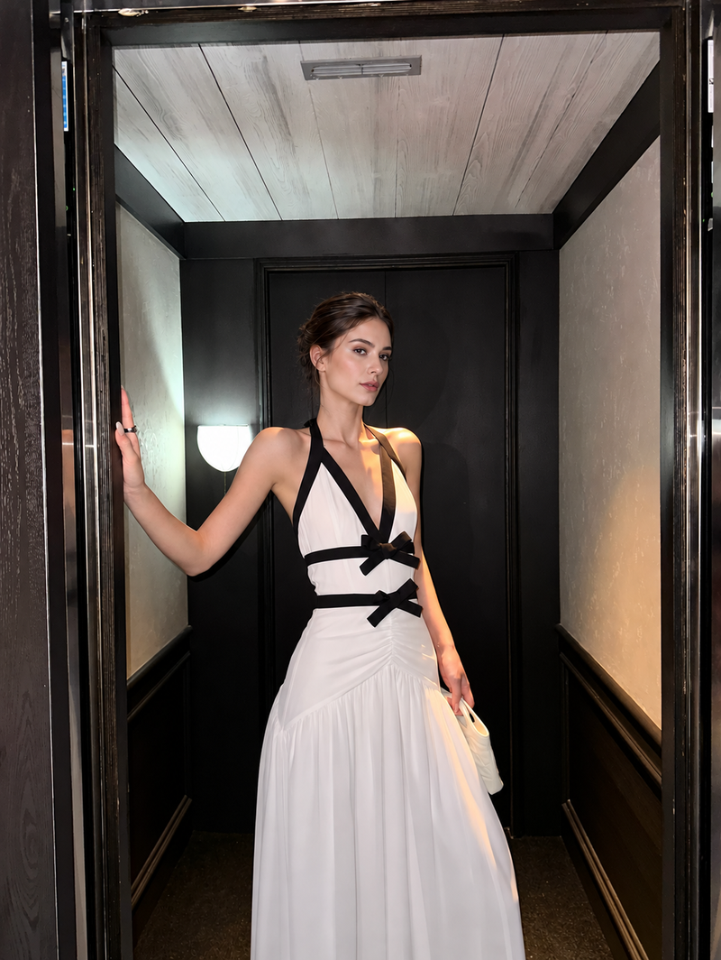 Ivory Contrast Bow Halter Maxi Dress - Ivory