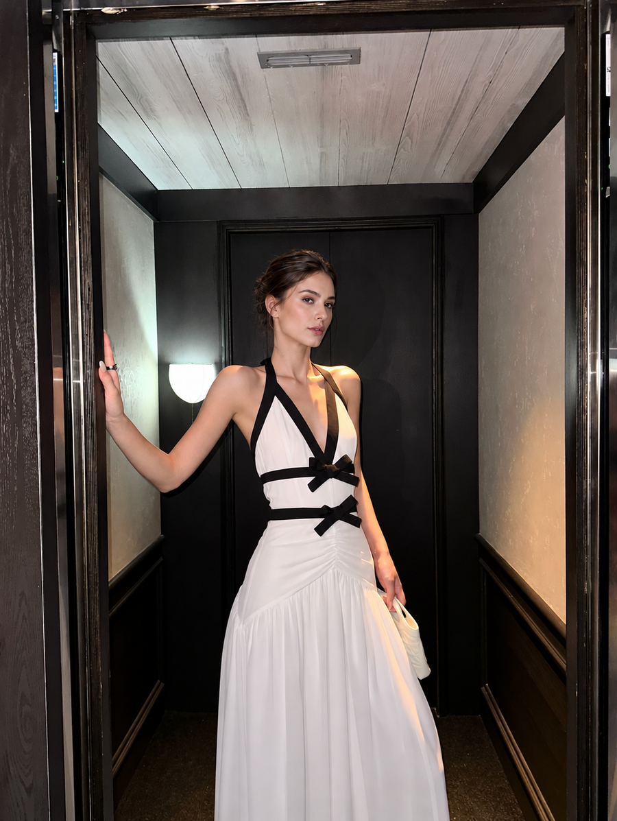 Ivory Contrast Bow Halter Maxi Dress