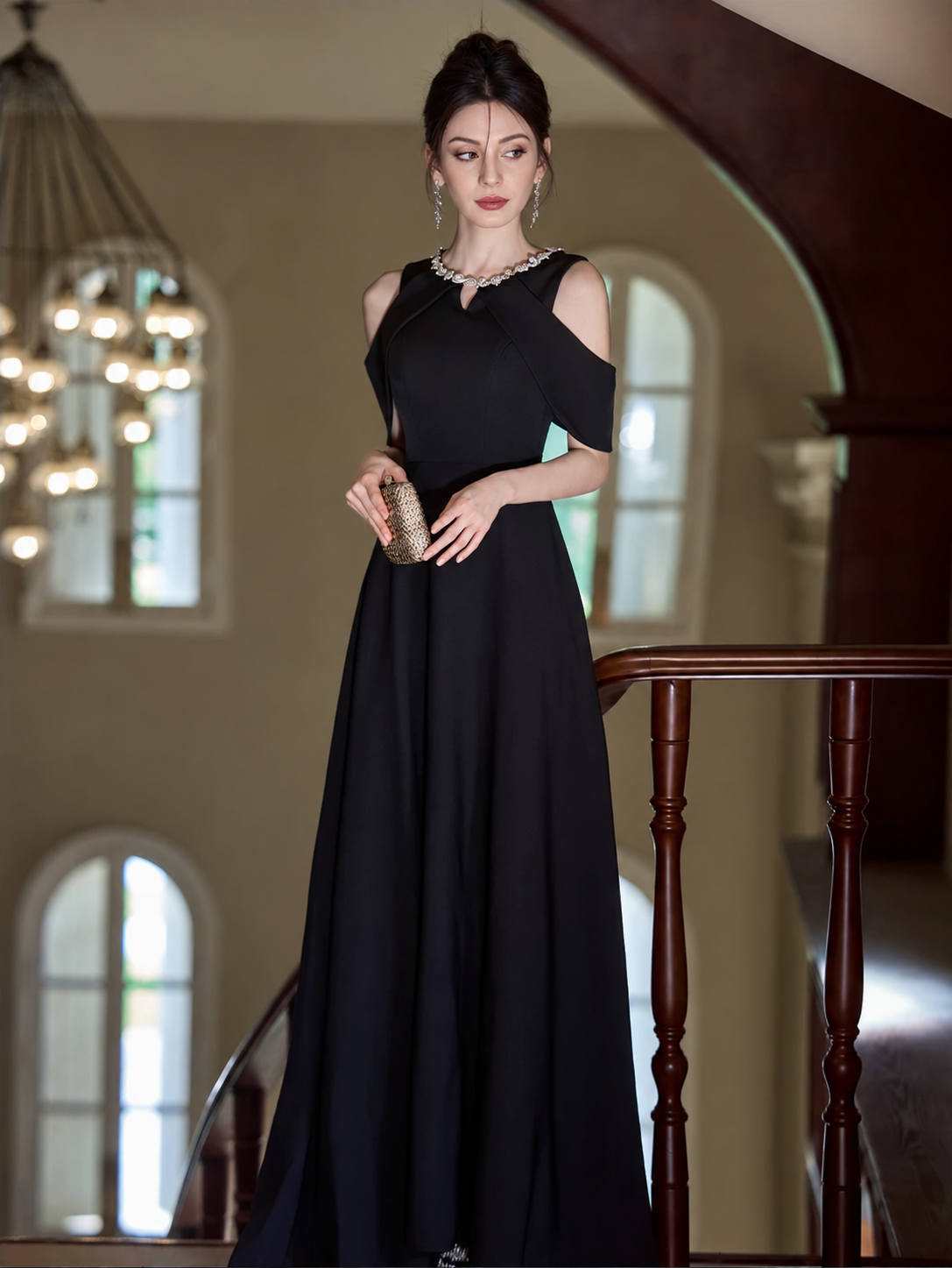 Black Embellished Halter Evening Gown - Black