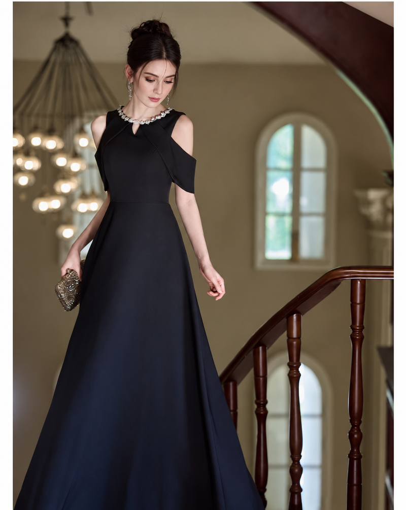 Black Embellished Halter Evening Gown - Black