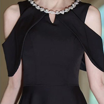 Black Embellished Halter Evening Gown - garment detail