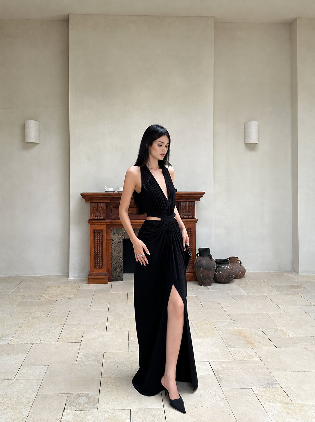Black Plunge Halter Cutout Slit Maxi Dress - Black