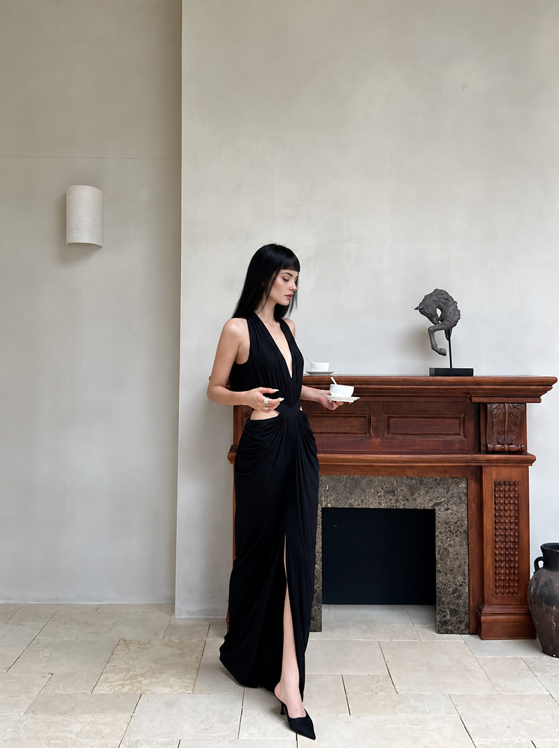 Black Plunge Halter Cutout Slit Maxi Dress - Black