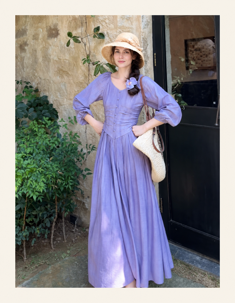 Purple Long-Sleeve Tie-Waist Maxi Dress, purple, front view