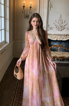 Watercolor Floral V-Neck Long-Sleeve Maxi Dress, pink peach watercolor, front view