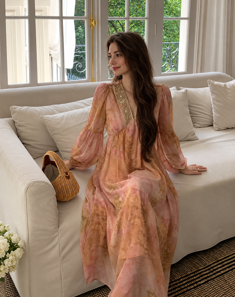 Watercolor Floral V-Neck Long-Sleeve Maxi Dress, pink peach watercolor, additional view
