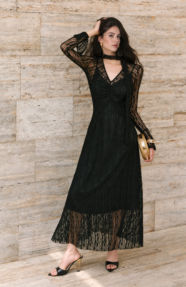 Long Sleeve Lace Wrap Dress and Slip Set - Black