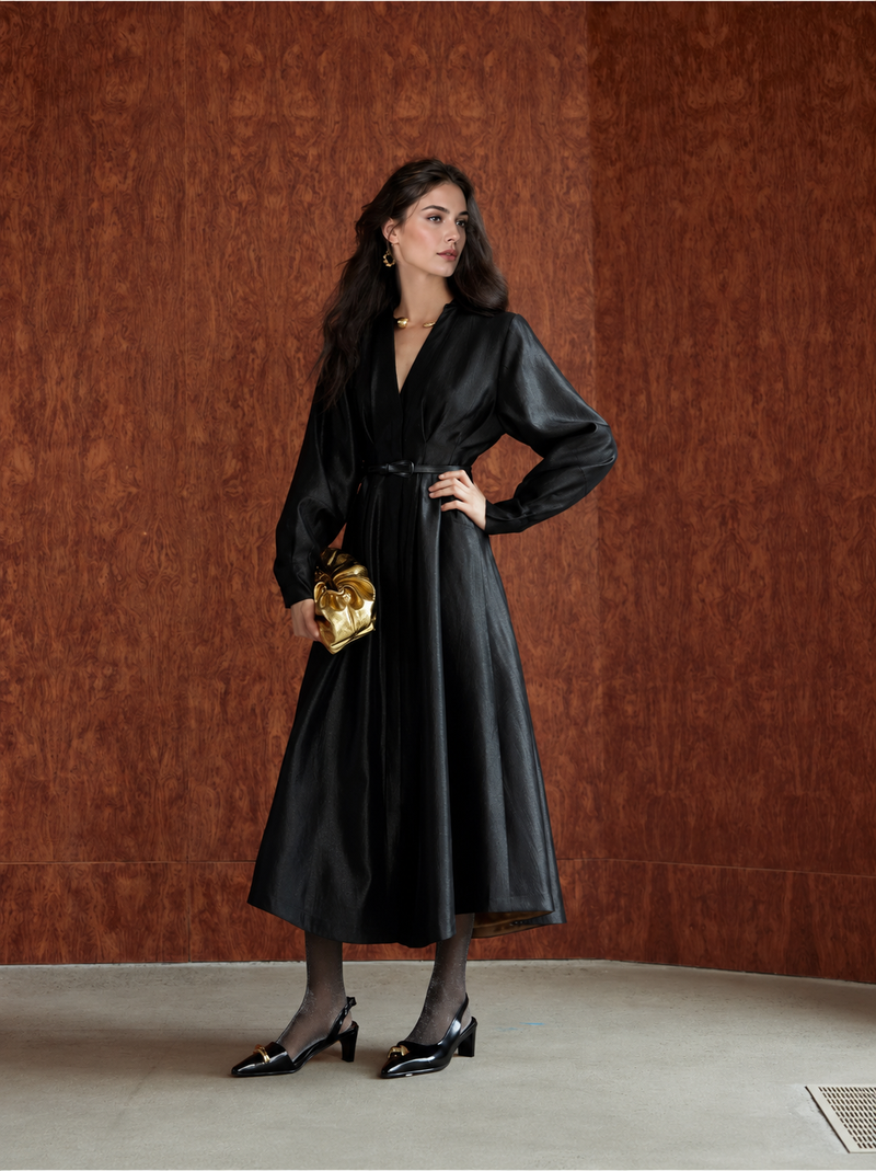 Belted Long Sleeve Satin Shirtdress - Black