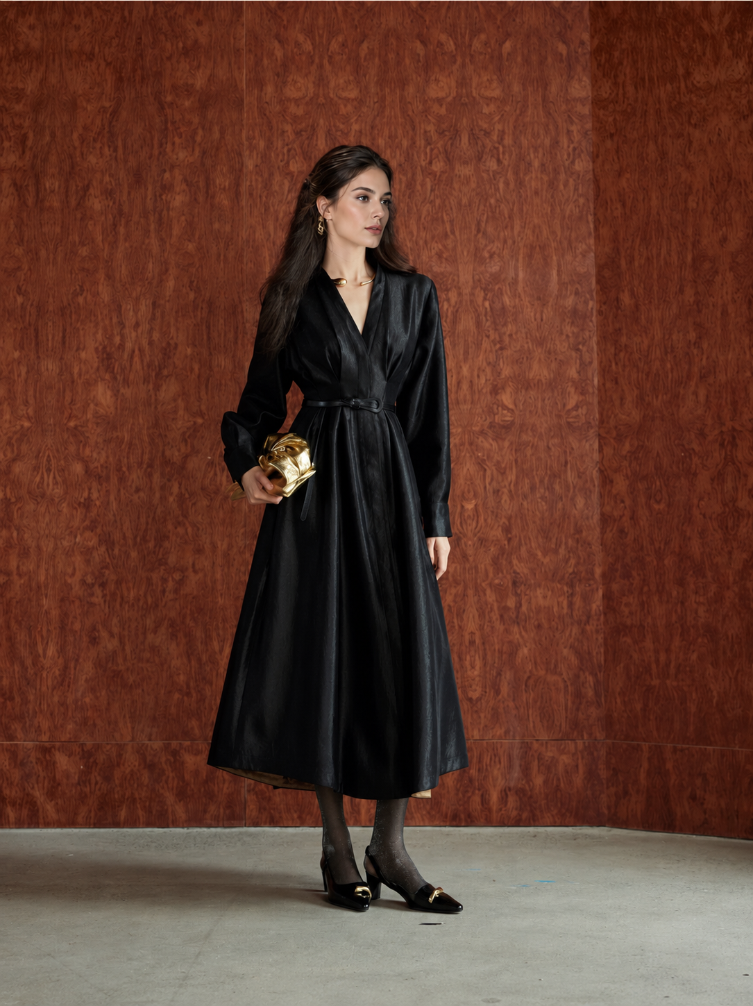 Belted Long Sleeve Satin Shirtdress - Black