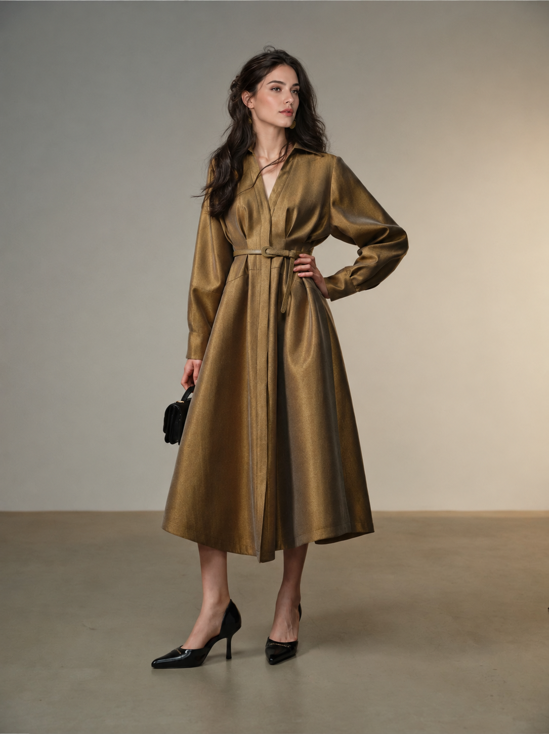 Belted Long Sleeve Satin Shirtdress - Gold Brown